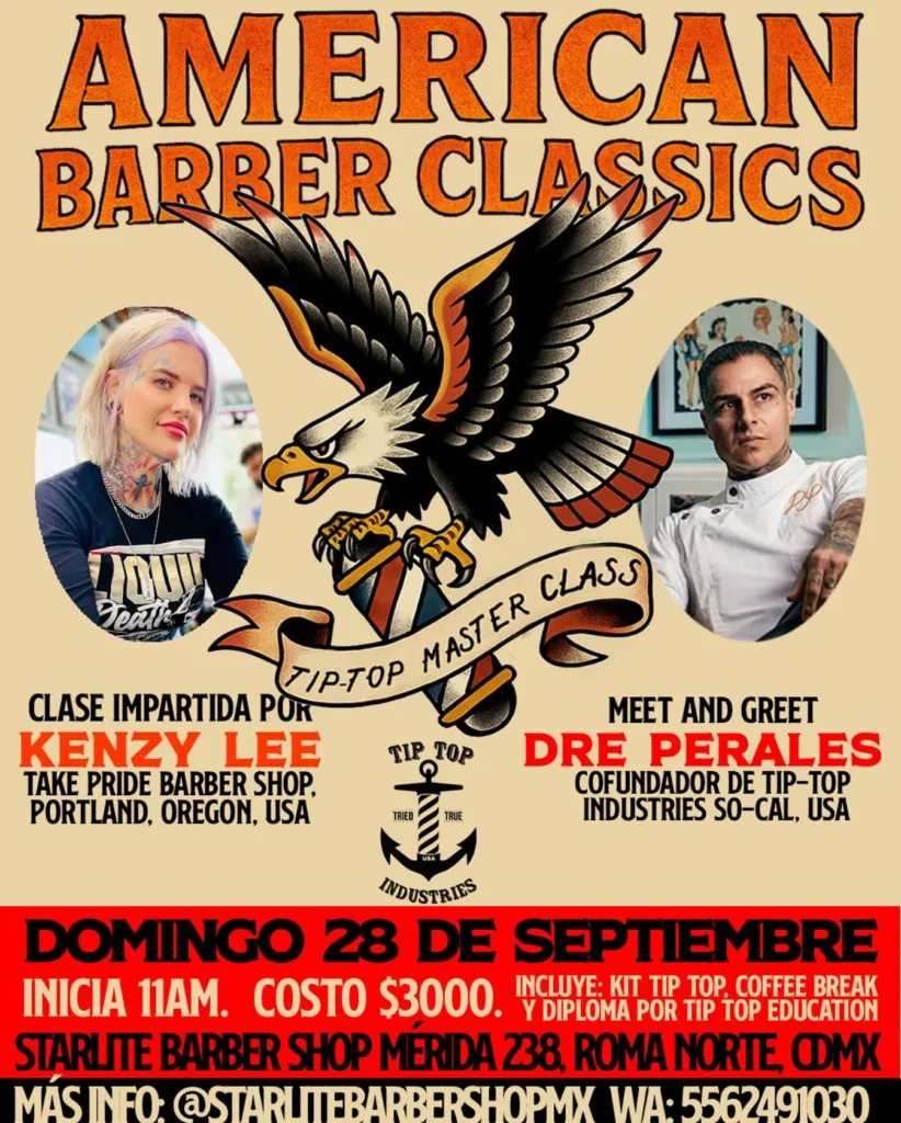 TIP TOP International Master Barbering Class Mexico City flyer with Kenzy Lee and Dre Perales
