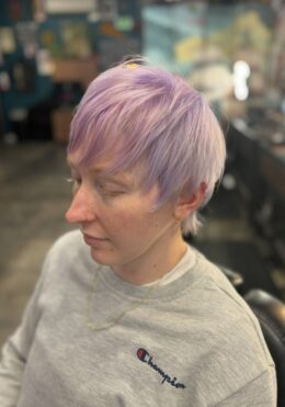 Pastel lavender hair color and cut by Kenzy at Take Pride Barbershop in Portland.